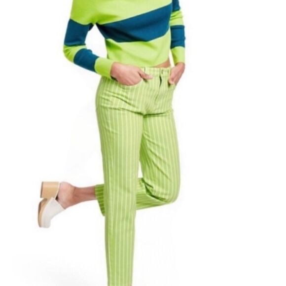 VICTOR GLEMAUD x TARGET Acid Lime/Cloud Pinstripe High Rise Straight Leg Jean’s - Picture 1 of 11